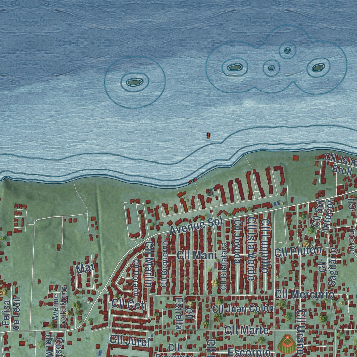 Second close-up of the map of Sandin, Puerto Rico print showing more streets and buildings