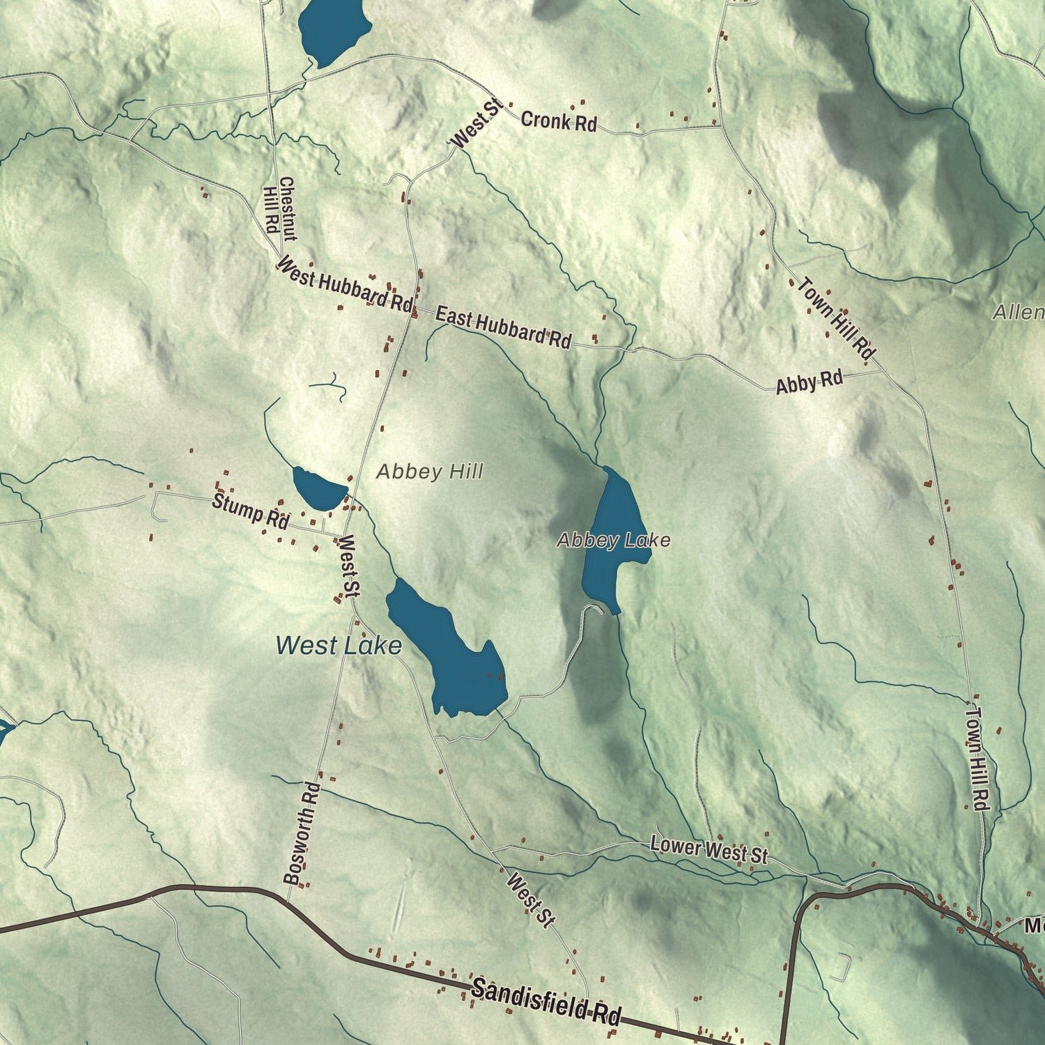 Close-up of the map of Sandisfield, Massachusetts print showing terrain and local geography