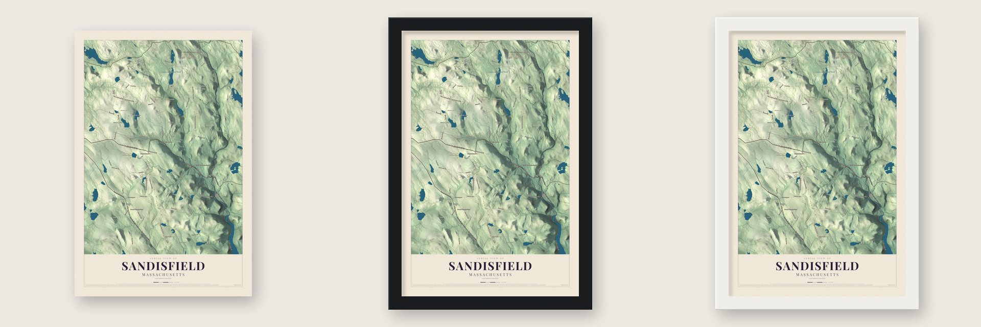 Sandisfield, Massachusetts map unframed, in a black wood frame and in a white wood frame