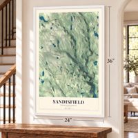 Sandisfield, Massachusetts map, 24 x 36 inch print in a white frame by a staircase