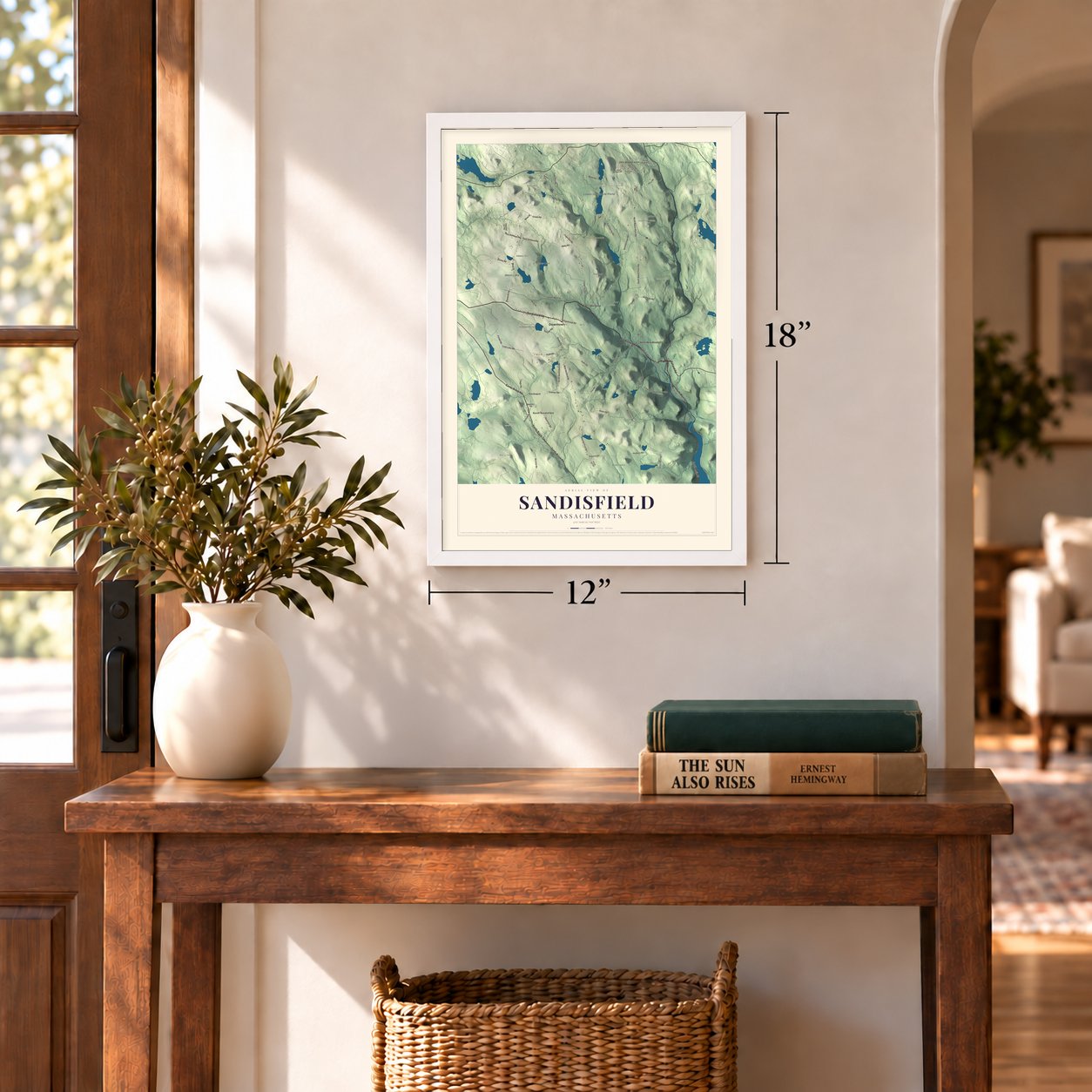 Sandisfield, Massachusetts map, 12 x 18 inch print in a white frame in an entryway