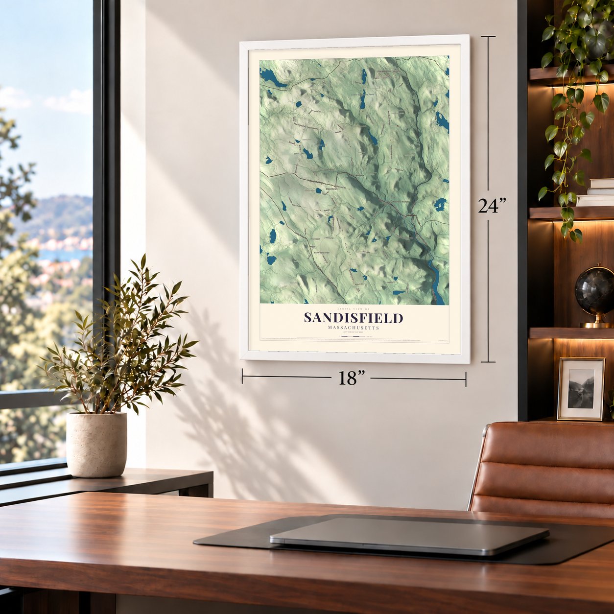 Sandisfield, Massachusetts map, 18 x 24 inch print in a white frame in a home office