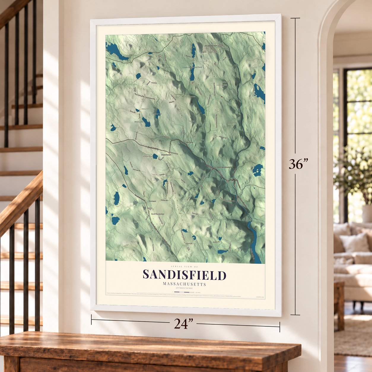 Sandisfield, Massachusetts map, 24 x 36 inch print in a white frame by a staircase