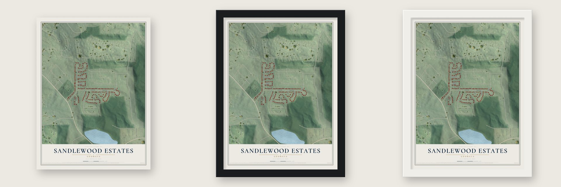 Sandlewood Estates, Georgia map unframed, in a black wood frame and in a white wood frame