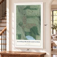 Sandlewood Estates, Georgia map, 24 x 36 inch print in a white frame by a staircase