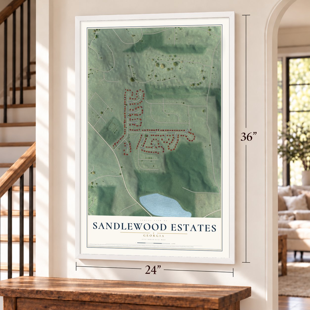 Sandlewood Estates, Georgia map, 24 x 36 inch print in a white frame by a staircase