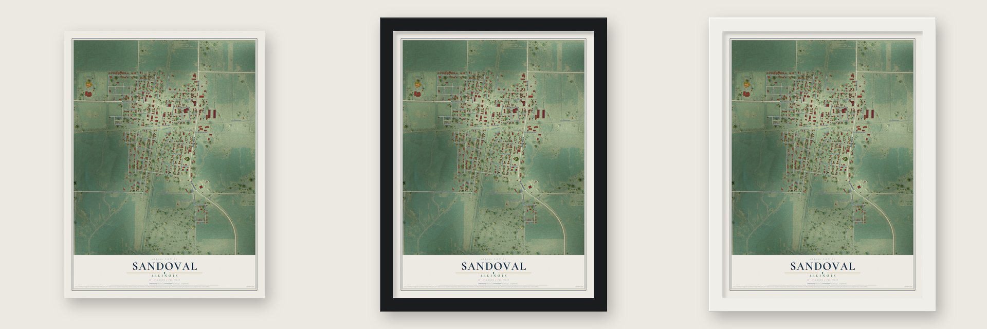 Sandoval, Illinois map unframed, in a black wood frame and in a white wood frame