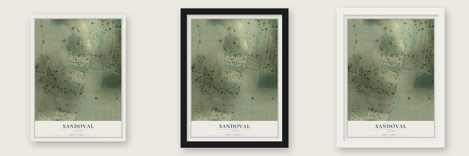 Sandoval, Texas map unframed, in a black wood frame and in a white wood frame