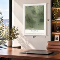 Sandoval, Texas map, 18 x 24 inch print in a white frame in a home office