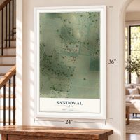 Sandoval, Texas map, 24 x 36 inch print in a white frame by a staircase