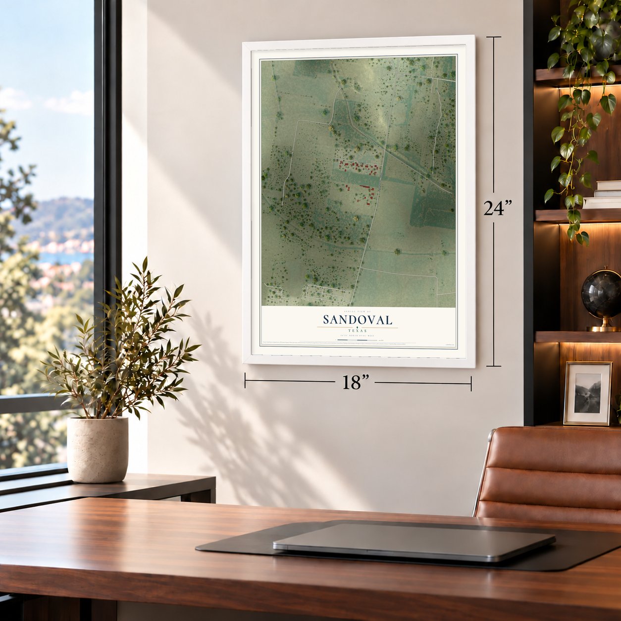 Sandoval, Texas map, 18 x 24 inch print in a white frame in a home office