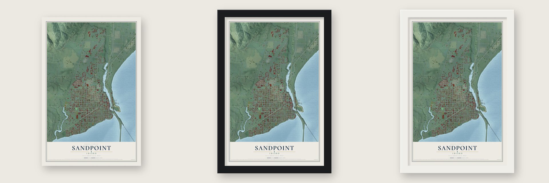 Sandpoint, Idaho map unframed, in a black wood frame and in a white wood frame