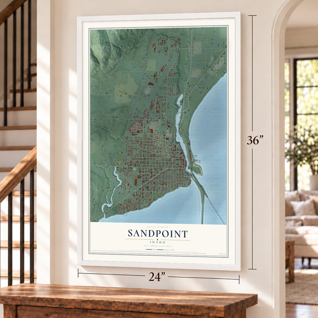 Sandpoint, Idaho map, 24 x 36 inch print in a white frame by a staircase