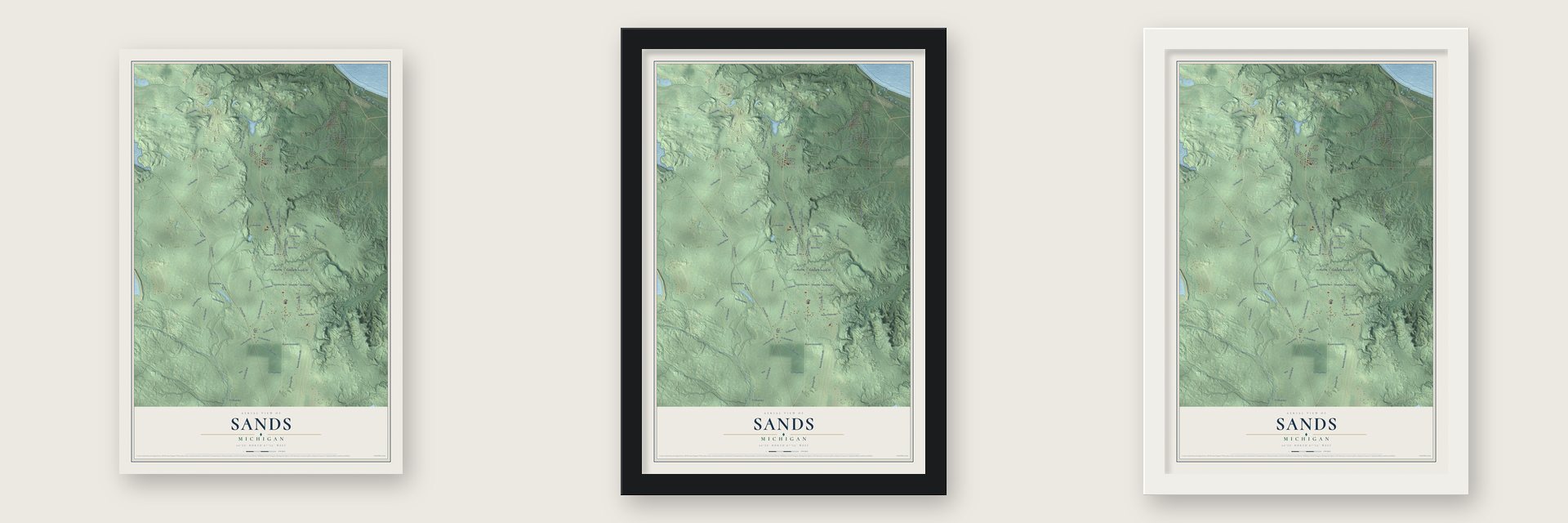 Sands, Michigan map unframed, in a black wood frame and in a white wood frame
