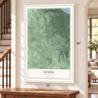 Sands, Michigan map, 24 x 36 inch print in a white frame by a staircase