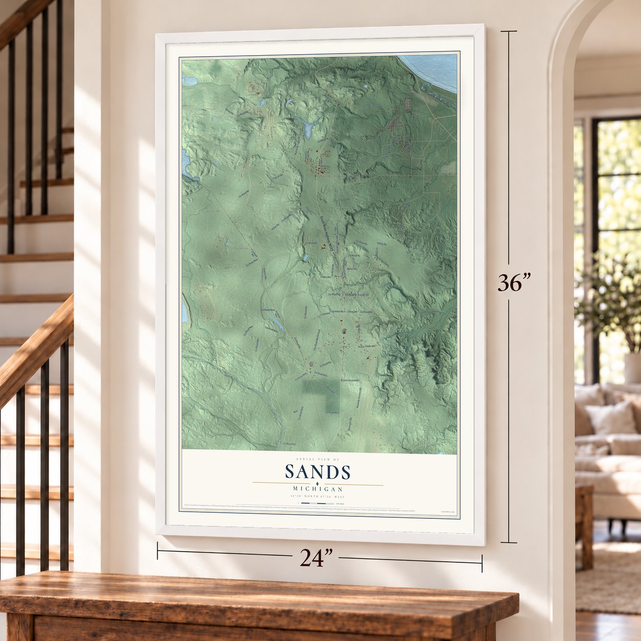 Sands, Michigan map, 24 x 36 inch print in a white frame by a staircase