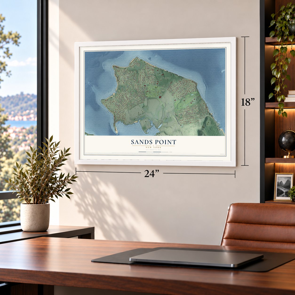 Sands Point, New York map, 18 x 24 inch print in a white frame in a home office