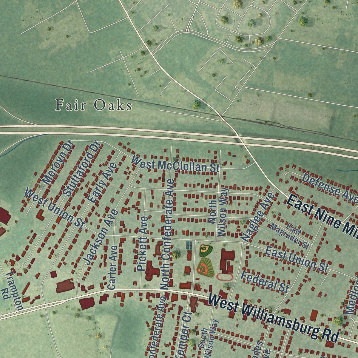Second close-up of the map of Sandston, Virginia print showing more streets and buildings