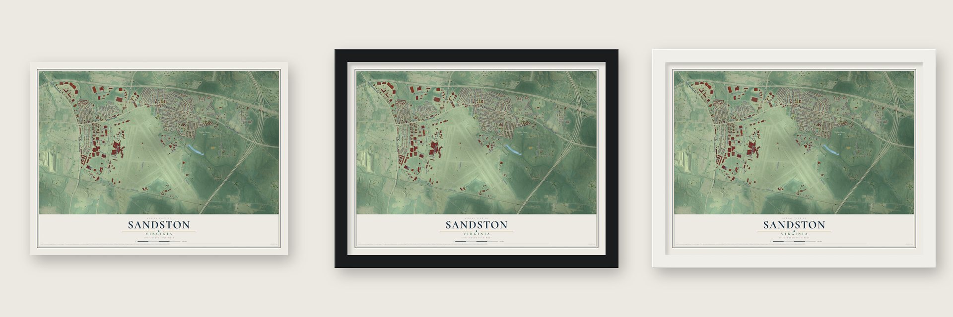 Sandston, Virginia map unframed, in a black wood frame and in a white wood frame