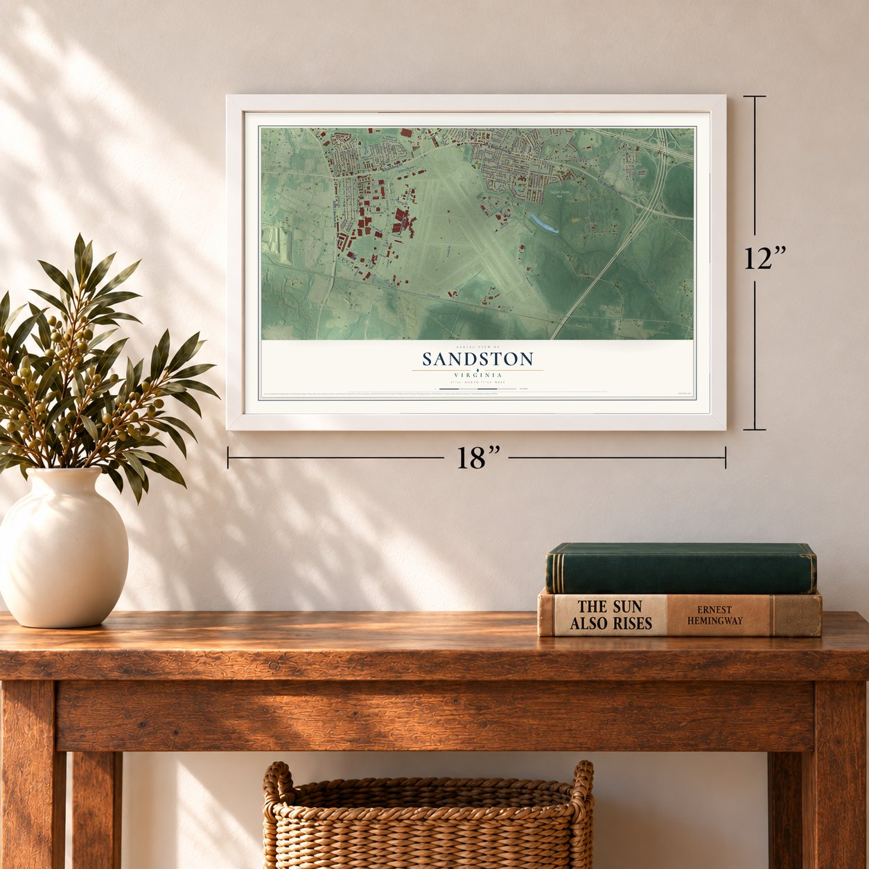 Sandston, Virginia map, 12 x 18 inch print in a white frame in an entryway