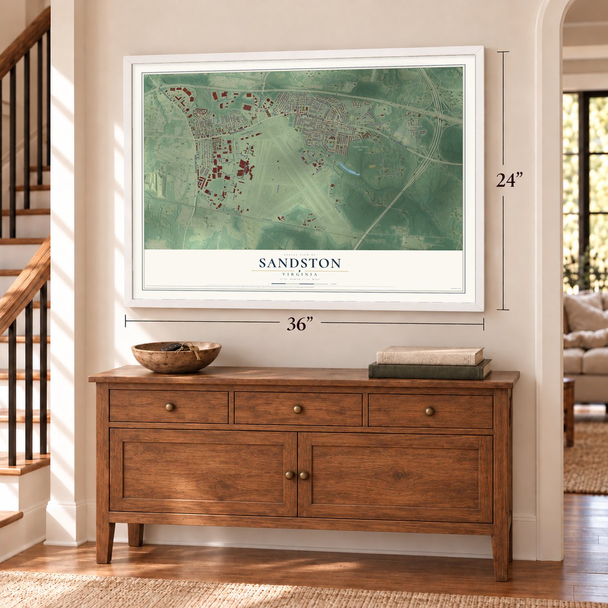 Sandston, Virginia map, 24 x 36 inch print in a white frame above a dresser by a staircase