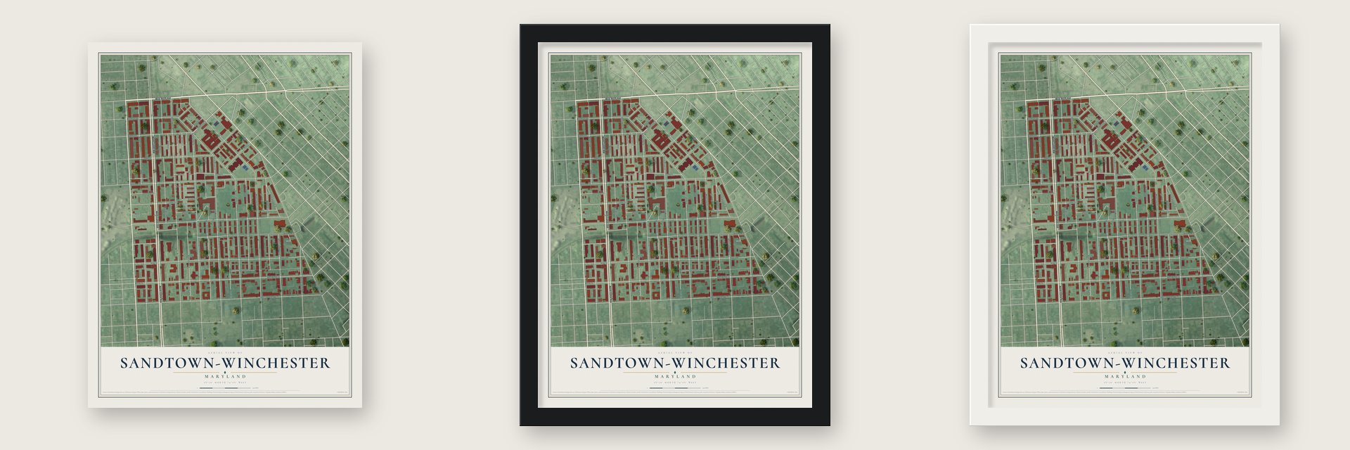 Sandtown-Winchester, Maryland map unframed, in a black wood frame and in a white wood frame