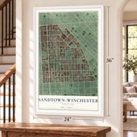 Sandtown-Winchester, Maryland map, 24 x 36 inch print in a white frame by a staircase