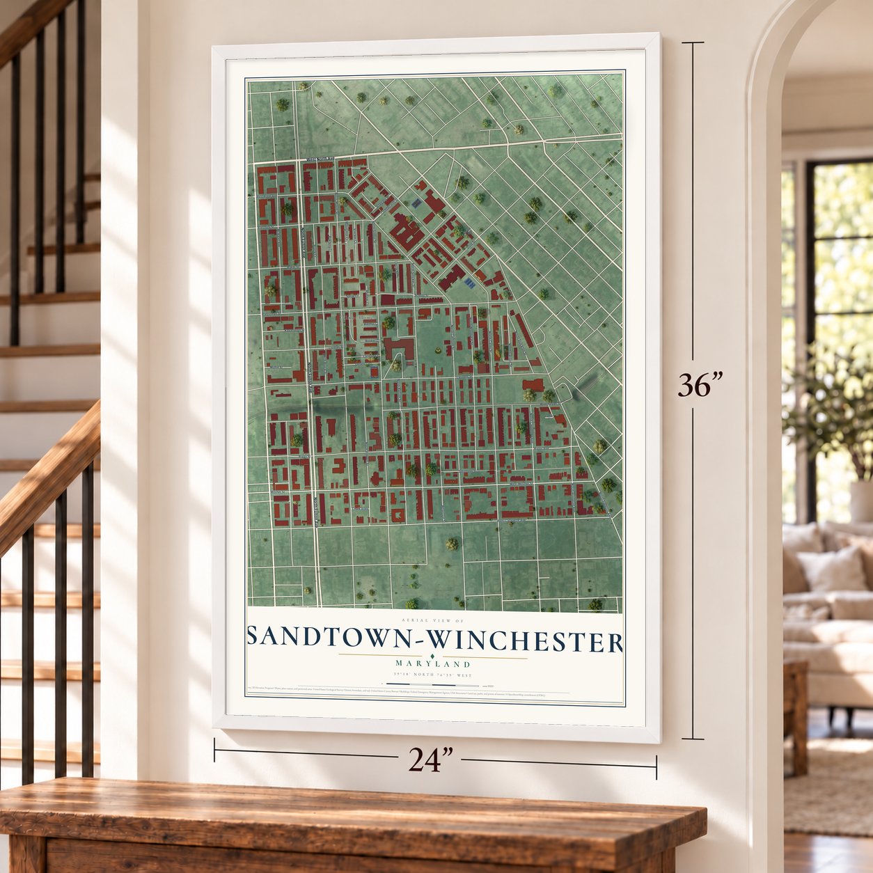 Sandtown-Winchester, Maryland map, 24 x 36 inch print in a white frame by a staircase