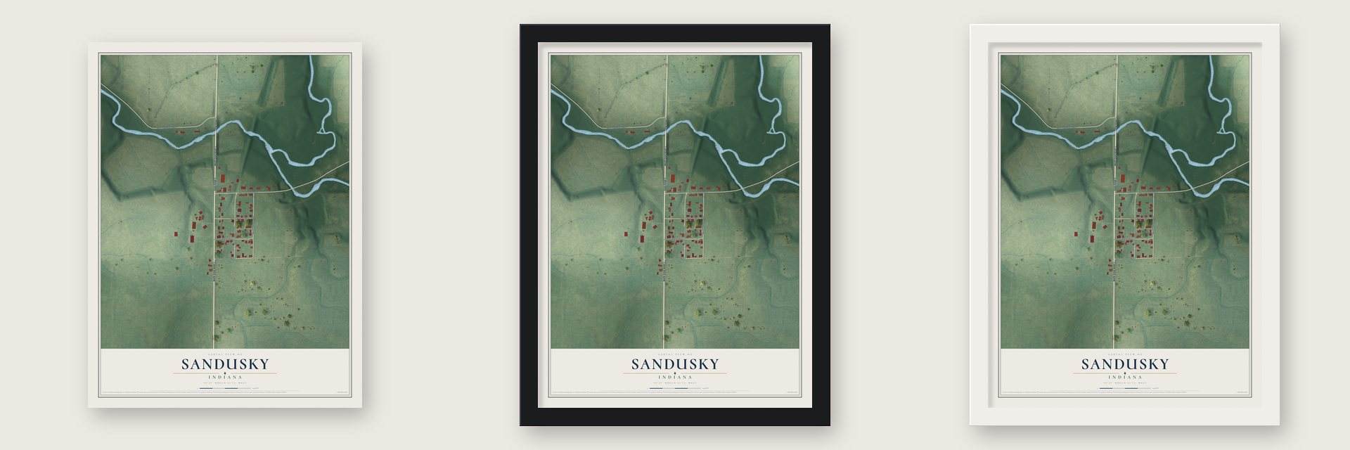 Sandusky, Indiana map unframed, in a black wood frame and in a white wood frame
