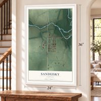 Sandusky, Indiana map, 24 x 36 inch print in a white frame by a staircase