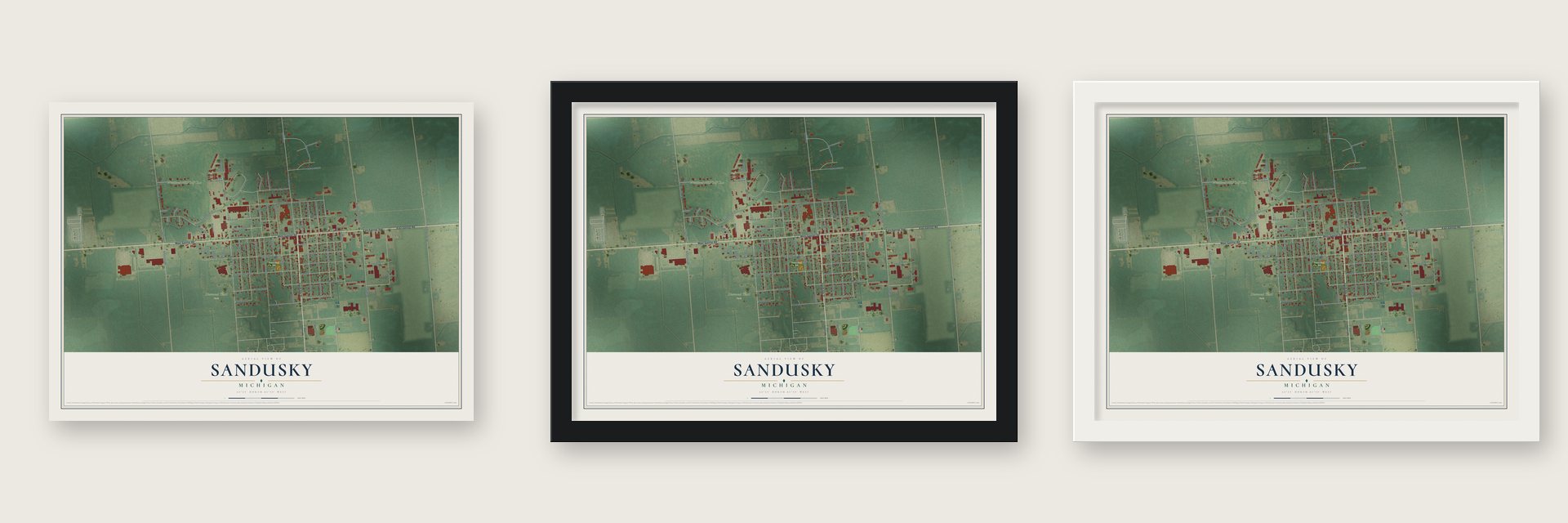Sandusky, Michigan map unframed, in a black wood frame and in a white wood frame