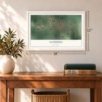 Sandusky, Michigan map, 12 x 18 inch print in a white frame in an entryway