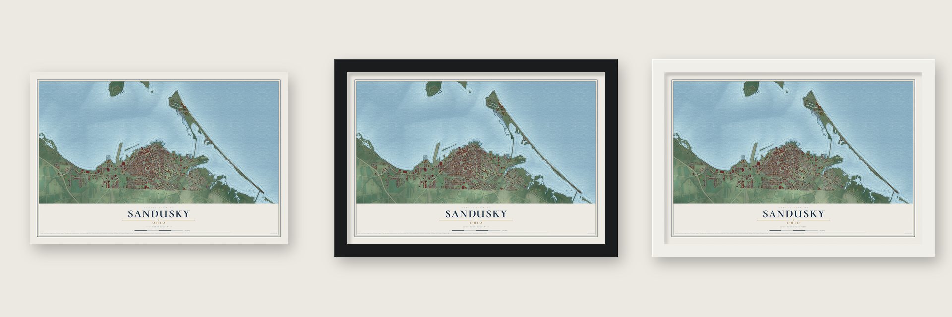 Sandusky, Ohio map unframed, in a black wood frame and in a white wood frame