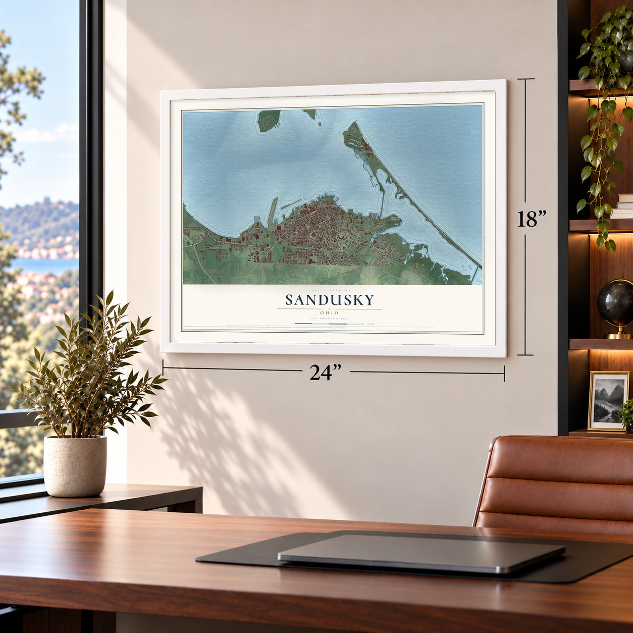 Sandusky, Ohio map, 18 x 24 inch print in a white frame in a home office