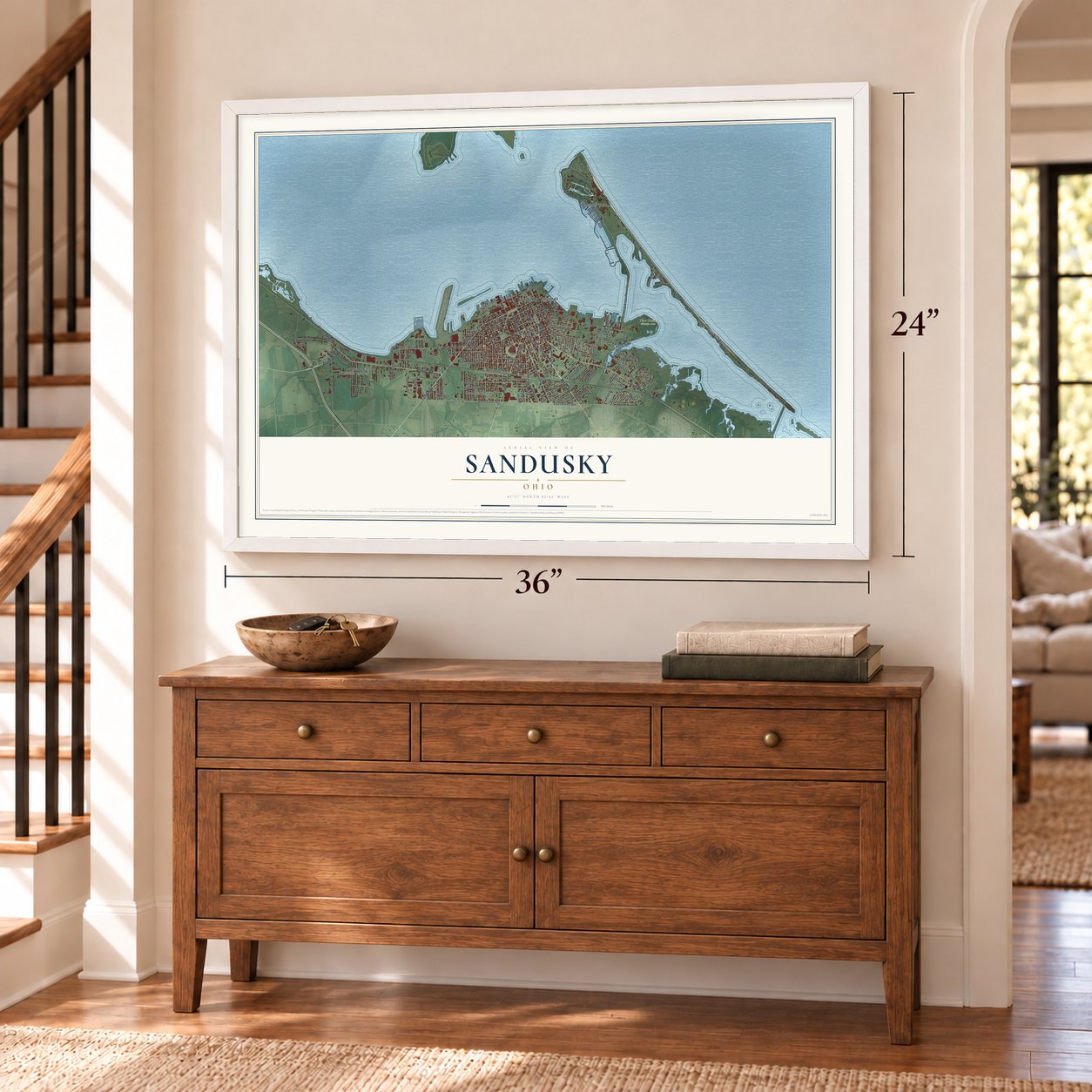 Sandusky, Ohio map, 24 x 36 inch print in a white frame above a dresser by a staircase