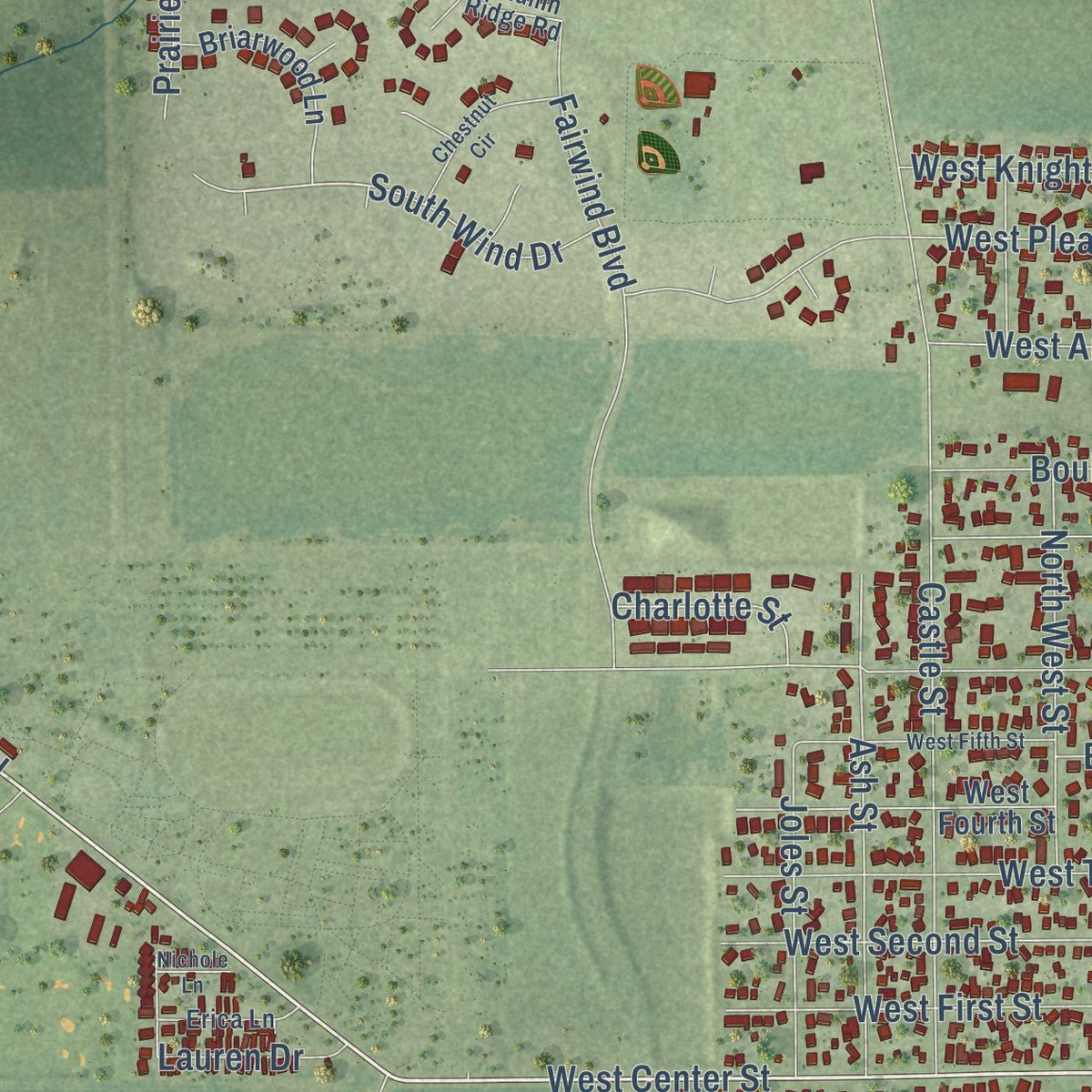 Second close-up of the map of Sandwich, Illinois print showing more streets and buildings