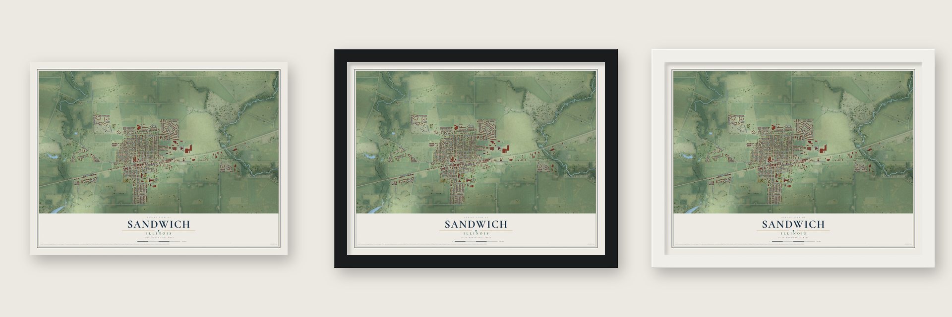 Sandwich, Illinois map unframed, in a black wood frame and in a white wood frame