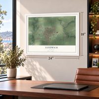 Sandwich, Illinois map, 18 x 24 inch print in a white frame in a home office