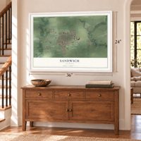 Sandwich, Illinois map, 24 x 36 inch print in a white frame above a dresser by a staircase