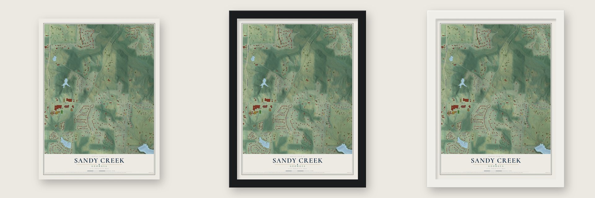 Sandy Creek, Georgia map unframed, in a black wood frame and in a white wood frame