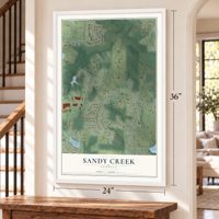 Sandy Creek, Georgia map, 24 x 36 inch print in a white frame by a staircase
