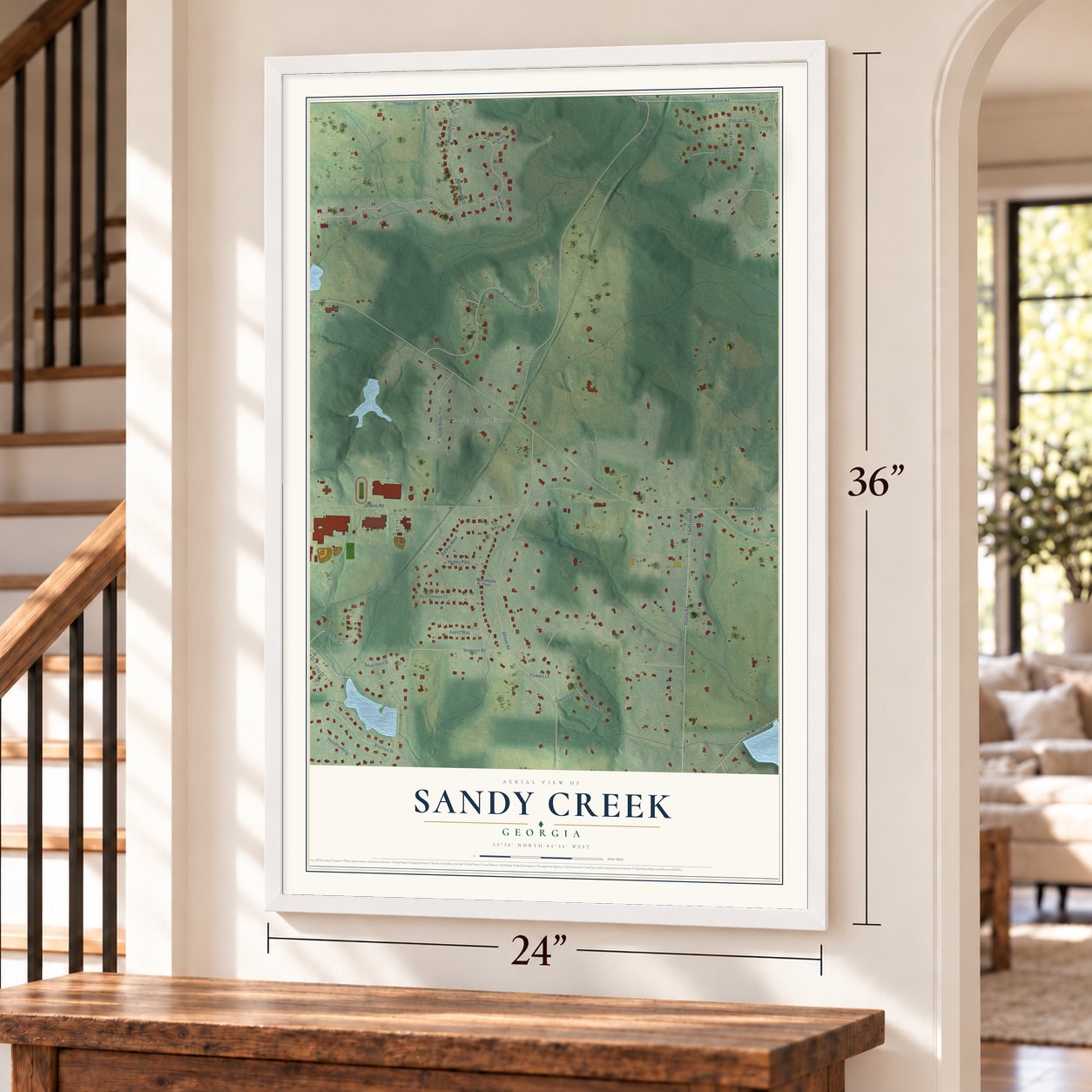 Sandy Creek, Georgia map, 24 x 36 inch print in a white frame by a staircase