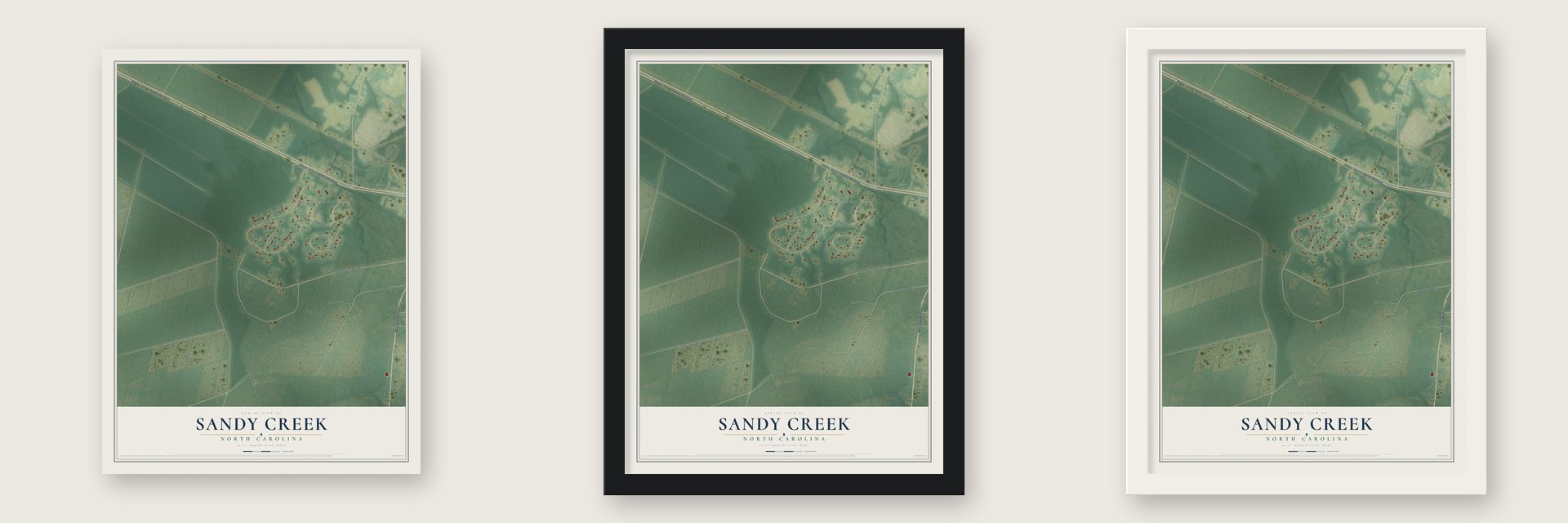 Sandy Creek, North Carolina map unframed, in a black wood frame and in a white wood frame