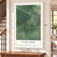 Sandy Creek, North Carolina map, 24 x 36 inch print in a white frame by a staircase