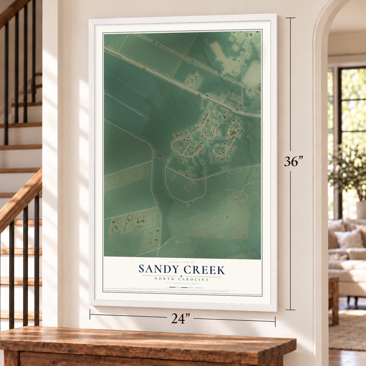 Sandy Creek, North Carolina map, 24 x 36 inch print in a white frame by a staircase