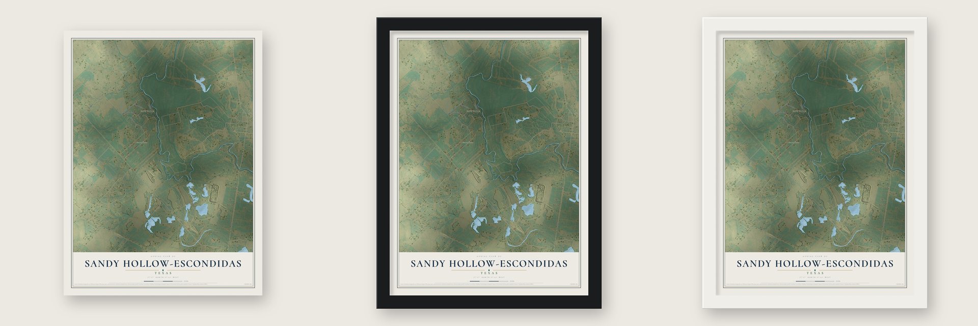 Sandy Hollow-Escondidas, Texas map unframed, in a black wood frame and in a white wood frame