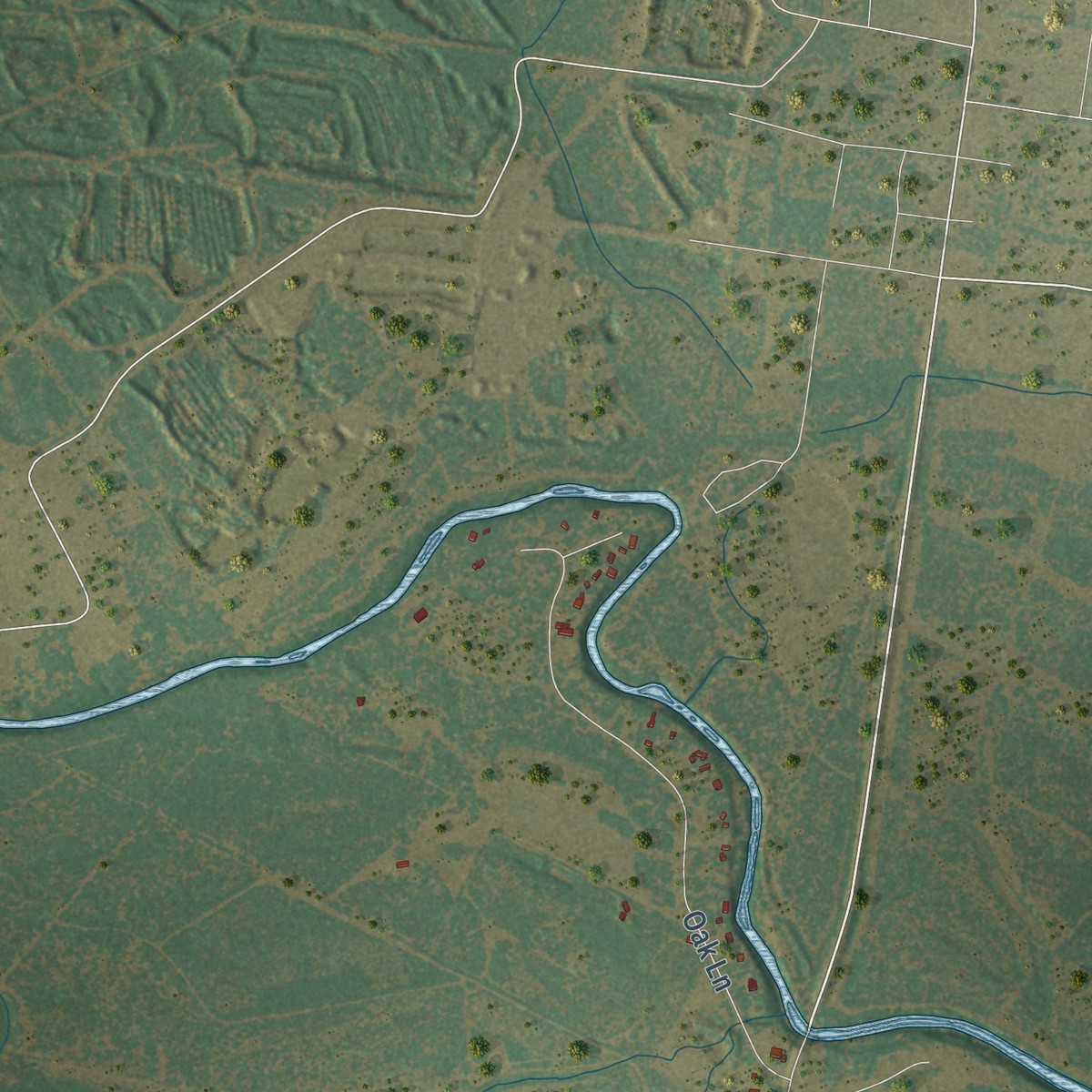 Second close-up of the map of Sandy Hollow-Escondidas, Texas print showing more streets and buildings