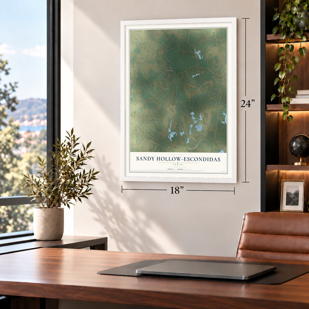Sandy Hollow-Escondidas, Texas map, 18 x 24 inch print in a white frame in a home office