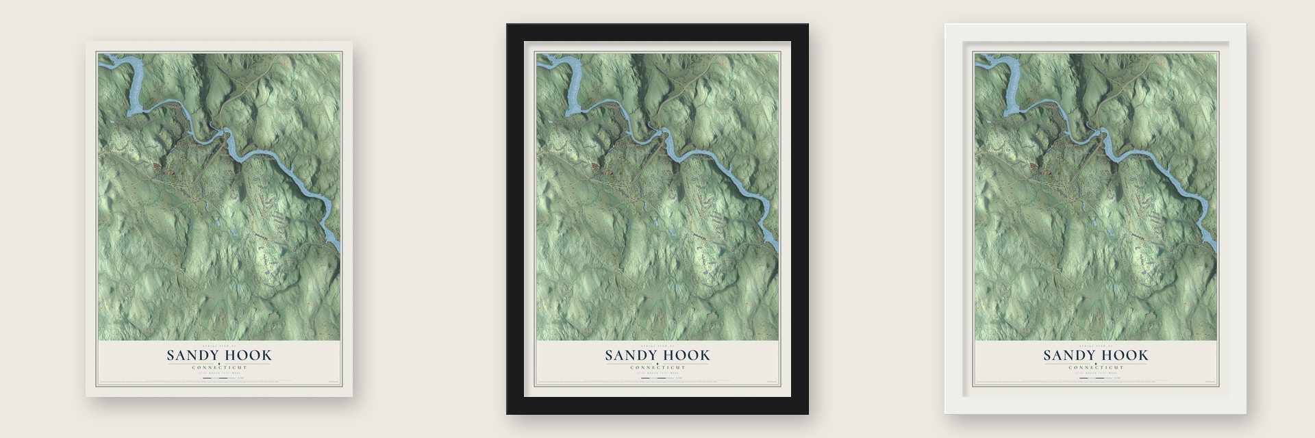 Sandy Hook, Connecticut map unframed, in a black wood frame and in a white wood frame