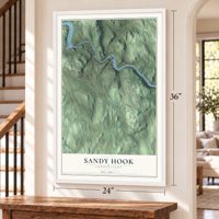 Sandy Hook, Connecticut map, 24 x 36 inch print in a white frame by a staircase